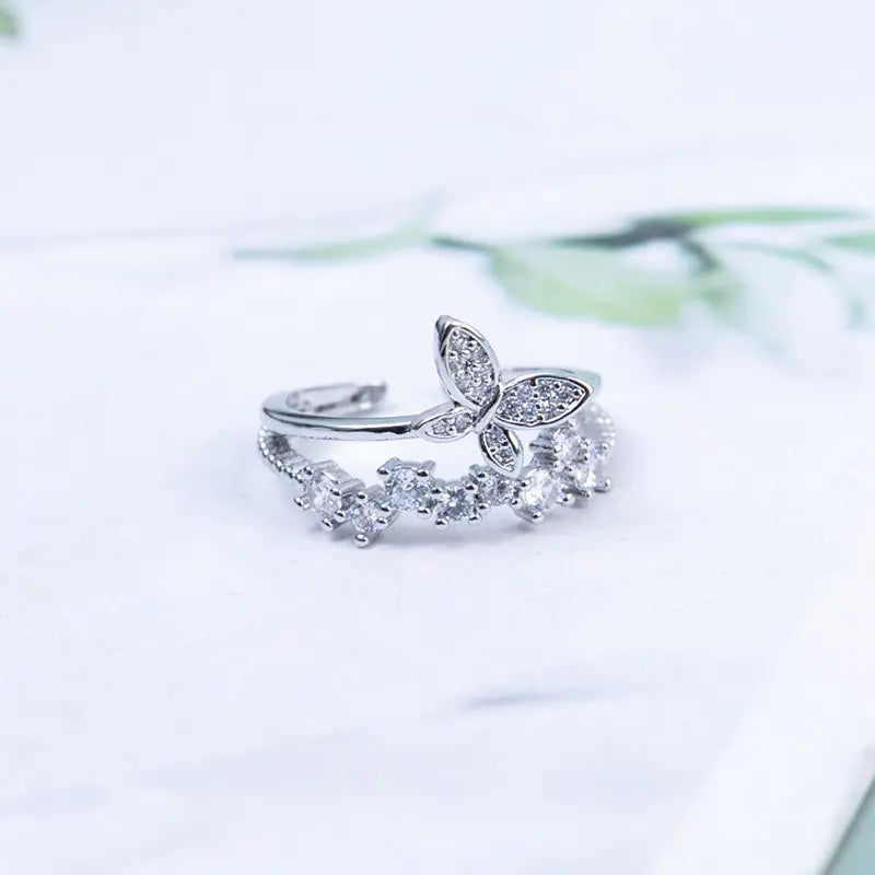 Double Butterfly Women's Copper Ring with Diamond Set