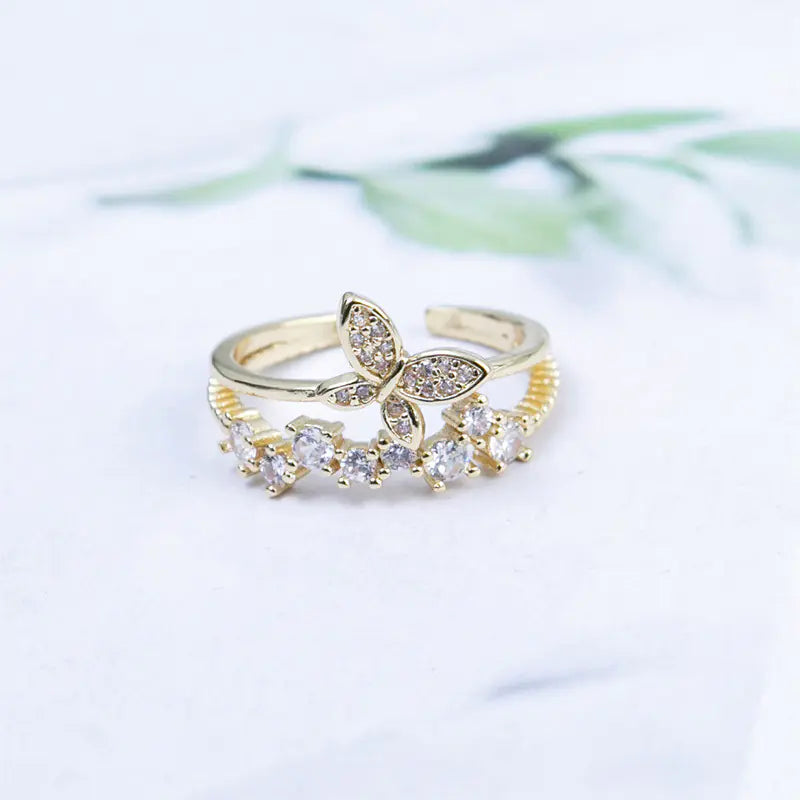 Double Butterfly Women's Copper Ring with Diamond Set